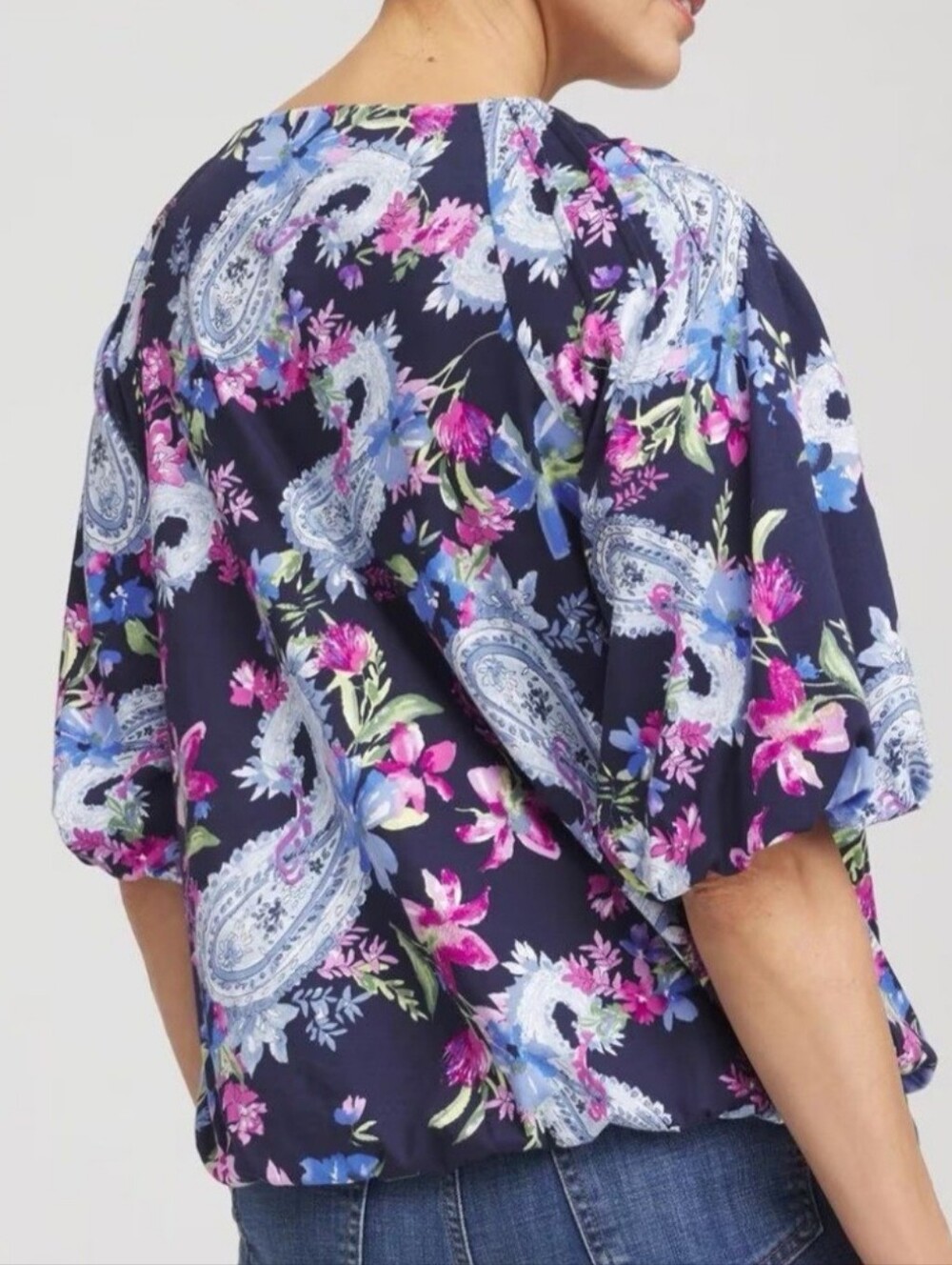 CHICO'S PAISLEY PINTUCK BUBBLE HEM TOP. SIZE 2 = LARGE. BLUE/ PINK. - Picture 2 of 12